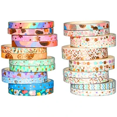Afbeelding van YUBX Washi tape, 24 rollen, masking 5 mm breed, decoratief plakband, bedrukt, bladgoud, voor scrapbooking, handwerk, bullet, dagboek, planner, geschenken, decoratie (Candy 24)
