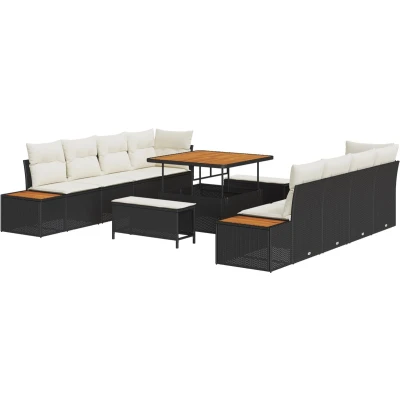 Afbeelding van vidaXL 11 delige tuinbankset met kussens zwart poly rattan acacia