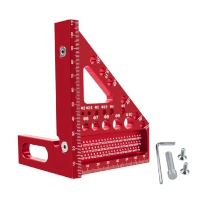 Afbeelding van 3D verstekhoek, 22,5 90 hoekmaat van aluminiumlegering, nauwkeurige timmermanshoek, timmermanshoek met dieptegatmarkering, afscheurgereedschap, hoekmeter voor timmerlieden en ingenieurs, rood