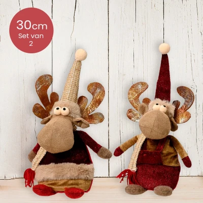 Afbeelding van Polyester rendieren bruin met muts Duo pack 30cm