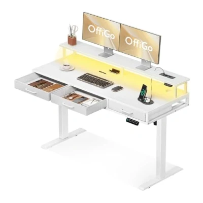 Afbeelding van OffiGo Elektrisch staand bureau met 3 dragers, in hoogte verstelbaar monitorstandaard, ergonomische tafel ledverlichting, 140 x 54 78,5 cm, wit