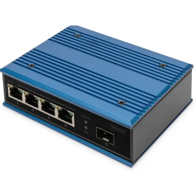 Afbeelding van DIGITUS industriële 5 poorts Fast Ethernet PoE switch onbeheerd 4 RJ45 poorten + 1 SFP poort 10/100 Mbps DIN rail montage IP40 beschermingsklasse blauw/zwart