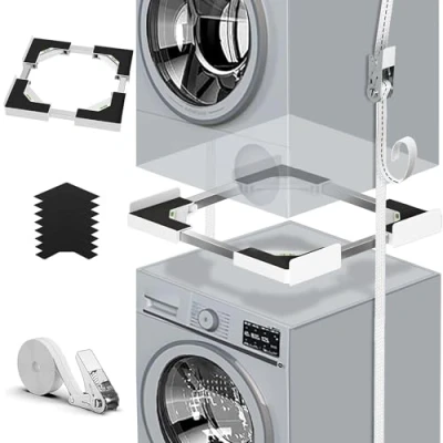 Afbeelding van Universele stapelset voor wasmachine en droger, diepteverstelling 45 68 cm, wit rateltouw + 8 antislippads, TÜV geteste veiligheid, ruimtebesparend trillingsarm (wit)