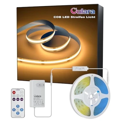 Afbeelding van OULARA COB ledstrip, warmwit, 2700 K, 6 m, dimbaar, 24 V, flexibele ledstripverlichtingsset met RF afstandsbediening en voeding, CRI 90+ heldere onderbouwlamp voor thuis, doe het zelf decoratie,