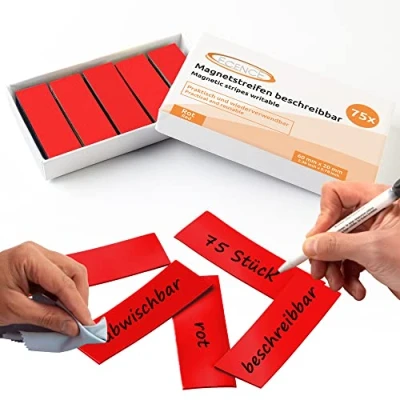 Afbeelding van ECENCE 75 Magneetstrips beschrijfbaar 60x20mm Rood kleefstrips om op maat te snijden uitwisbare magneetplaten Magneetetiketten voor whiteboards, koelkasten, magneetbord