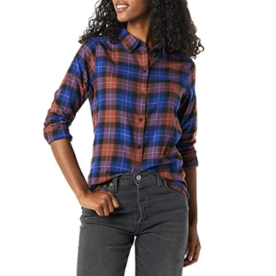 Afbeelding van Amazon Essentials Women&#039;s Lichtgewicht geruite flanellen overhemd met klassieke pasvorm en lange mouwen, Veelkleurig Vensterruit, L