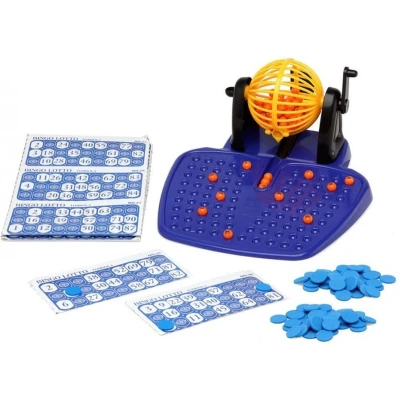 Afbeelding van Bingo spel gekleurd/oranje complete set nummers 1 90 Bingospel spellen Bingomolen met bingokaarten spelen