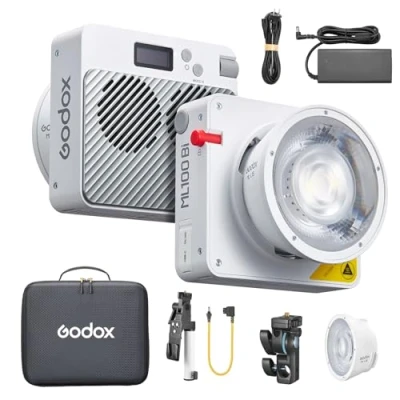 Afbeelding van Godox ML100Bi Kit2 120 W tweekleurige led videolamp, 2800 K 6500 K, CRI97+, TLCI98+, app bediening, 11 lichteffecten, houder met 15 en 36 lensreflector V mount accu accessoirekit