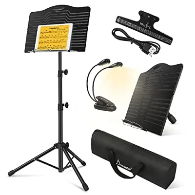 Afbeelding van Donner muziekstandaard, inklapbaar, stabiel, DMS 1, gitaar, zwart, metaal, met lamp, draagtas, in hoogte verstelbaar