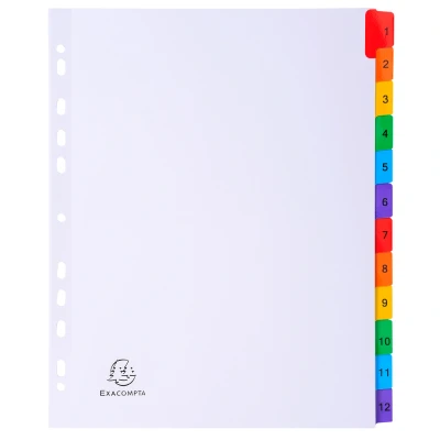 Afbeelding van Exacompta ref. 4112E Wit kartonnen tabbladen 160g/m2 FSC® met 12 numerieke bedrukte tabs van 1 tot in kleur Afdrukbare indexpagina Formaat A4 Maxi