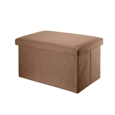 Afbeelding van INTIRILIFE opvouwbare bank 49x30x30cm in bruin Zitkubus stof met opbergruimte en deksel linnen look voetensteun opbergkist krukje