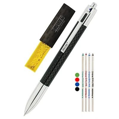 Afbeelding van Online 4 kleuren balpen in carbon design, incl. reservevullingen, draaimechanisme, multifunctionele pen van metaal met vier D1 balpenvullingen, geschenkdoos