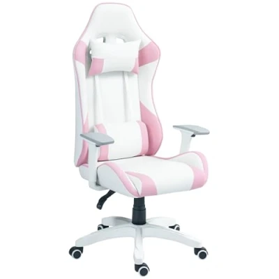 Afbeelding van HOMCOM Gamingstoel, bureaustoel, ergonomische computerstoel met lendenkussen, hoofdkussen, in hoogte verstelbaar, draaistoel kantelfunctie, ligfunctie, 3D armleuning, roze