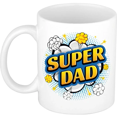 Afbeelding van Super dad retro cadeau mok / beker wit kado voor papa vaderdag popart feest mokken