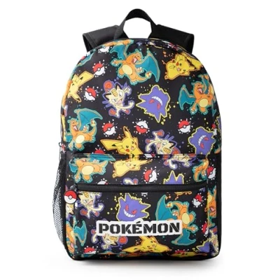 Afbeelding van Pokémon Pikachu Charizard Gengar Meowth rugzak in zwart Tas voor kinderen met all over print Verstelbare schouderbanden, voorvak en mesh houder