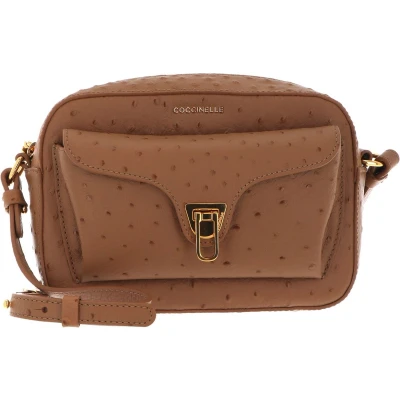 Afbeelding van COCCINELLE Leren Schoudertas Beat Ostrich Camera Bag Nocciola Lichtbruin