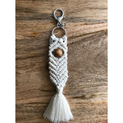 Afbeelding van sleutelhanger met houtenkraal, macrame sleutelhanger, geknoopte 057 ecru