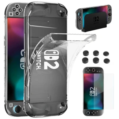 Afbeelding van HEYSTOP Hoesje compatibel met Nintendo Switch 2 Model, dockable zachte TPU transparante beschermhoes schermbeschermer 6 stuks siliconen duimgreepdoppen voor Grip Controller