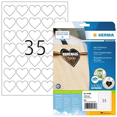 Afbeelding van HERMA 10790 Hart etiketten, 350 stuks, Ø 35 mm, per A4 vel, zelfklevend, bedrukbaar, mat, blanco papier, zelfklevende etiketten stickers in hartvorm, wit