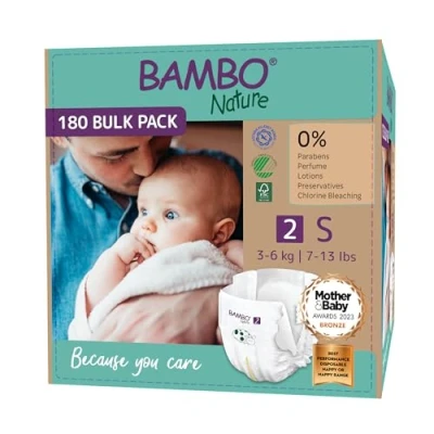 Afbeelding van BAMBO Nature luiers Maat 2 (3 6 kg) 180 stuks Maandbox 0% onnodige toevoegingen Ideaal voor de gevoelige huid Nordic Swan Ecolabel