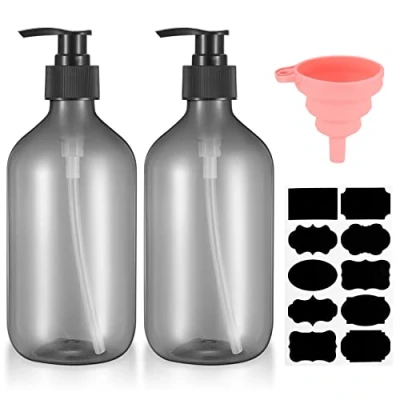 Afbeelding van 2 stuks 500 ml shampooflessen om te vullen, douchegelfles, lege navulbare pompflessen, zeepdispenser kunststof voor lotionshampoos, met trechter, etiketten (grijs)
