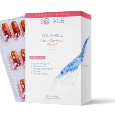 Afbeelding van OMEGA 3 100% pure KRILL olie effectiever dan visolie 60 capsules zonder geur SOLAKRILL EPA DHA Astaxanthine Choline Vitamine A B gemaakt in Frankrijk laboratoria
