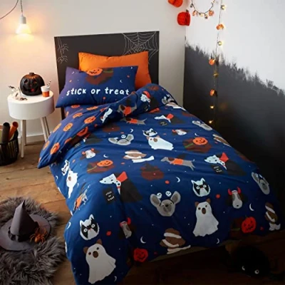 Afbeelding van Catherine Lansfield Beddengoed Halloween Honden Glow in the Dark Eenpersoons Dekbedovertrek Set met Kussenslopen Blauw