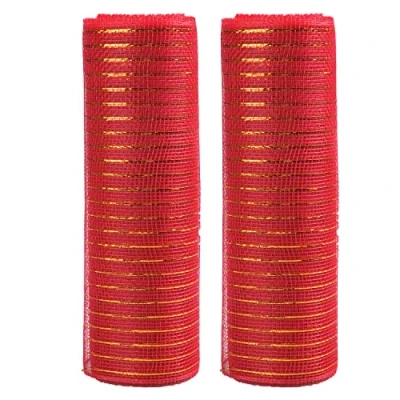 Afbeelding van Euvoym 2 rollen rood kerstdecor poly mesh lint 10 inch x meter metallic folie deco voor kerstboom kransen swag strikken slinger decoratie (rood)
