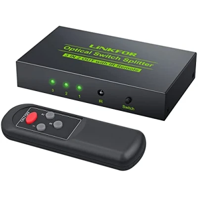 Afbeelding van LiNKFOR 3x2 Toslink optische audio Switch SPDIF Digital Fibre met afstandsbediening, Splitter ondersteuning LPCM2.0 DTS Dolby AC3 kabel