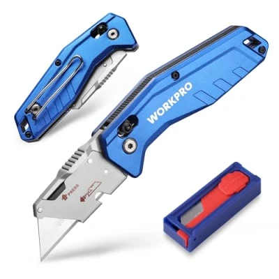 Afbeelding van WORKPRO Vouwmes Universeel Klapmes Opvouwbaar Universeelmes Tapijtmes met Handvat van Aluminiumlegering Riemclip, Incl. 10 x Extra SK5 Mesbladen