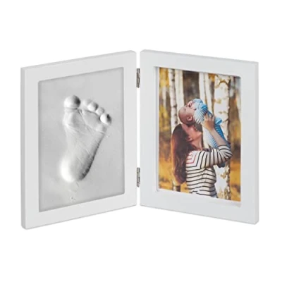 Afbeelding van Relaxdays Babyfotolijst met gipsafdruk, set voor handafdruk of voetafdruk, DIY babyafdruk lijst, wit, hout, 1 stuk