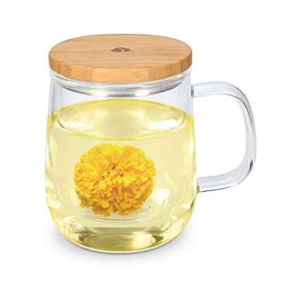 Afbeelding van Navaris Theeglas filter en deksel 500 ml Grote theekop met bamboe Voor losse thee of theezakje Borosilicaatglas