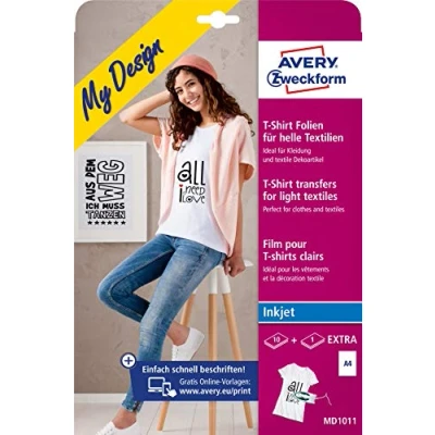 Afbeelding van AVERY Zweckform 10+1 textielfolie, T shirt zelf vormgeven, bedrukken (strijkfolie, licht textiel, DIN A4, bedrukbare shirtfolie om op te strijken, transferfolie voor inkjetprinters) MD1011