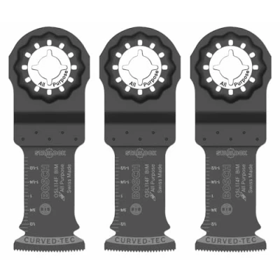 Afbeelding van BOSCH OSL114F 3 pack 1 1/4 inch Starlock oscillerende multitool universeel bimetalen plunge zaagbladen voor toepassingen in hout, hout met spijkers, gipsplaat, PVC, metaal (spijkers en nietjes)