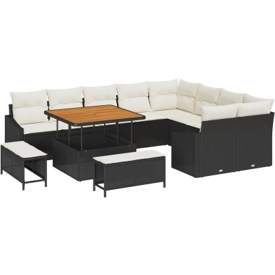 Afbeelding van vidaXL 12 delige Tuin Sofa Set met Kussens Zwart Poly Rattan Acacia, 2 zits Opslag &amp; Rattan, 3 Eet Acacia