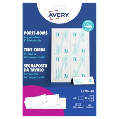 Afbeelding van Avery L4794 10 Printerplaats/Tentkaarten, 4 kaarten per A4 vel
