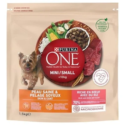 Afbeelding van 2x 1,5kg Purina ONE Mini Huid &amp; Vacht Rund Hondenvoer droog