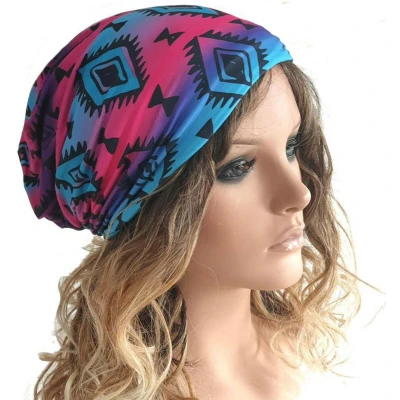 Afbeelding van Muts beanie aztec print ethno chemomuts kleur blauw paars roze maat one size
