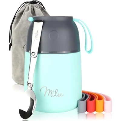 Afbeelding van Milu® Thermocontainer, 450 ml, 650 roestvrij staal, warmhoudcontainer, voedselcontainer, babyvoeding, container om eten warm te houden, thermische lunchbox, muesli to go, mint, ml