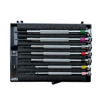 Afbeelding van BUZZUFY Beco Technic Set van 7 schroevendraaiers 0,60 tot 2,00 mm in kunststof doos met reservemessen horloge reparatie gereedschap, Zwart, grijs, groen, roos, violet, geel