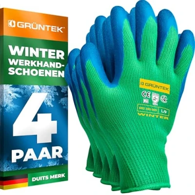 Afbeelding van GRÜNTEK 4 paar beschermende thermische winterhandschoenen met polyester voering en latex coating, maat L/9, geschikt voor privé commercieel gebruik