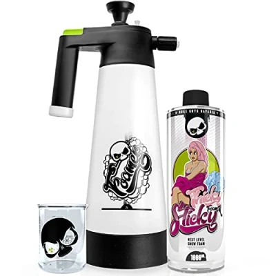 Afbeelding van NUKE GUYS Voorwasset: THICKY STICKY NOW Foam pH neutraal + HD Alka Line 2 liter spuitfles met 3 verschillende schuimsproeiers hoogwaardige maatbeker van 150 ml