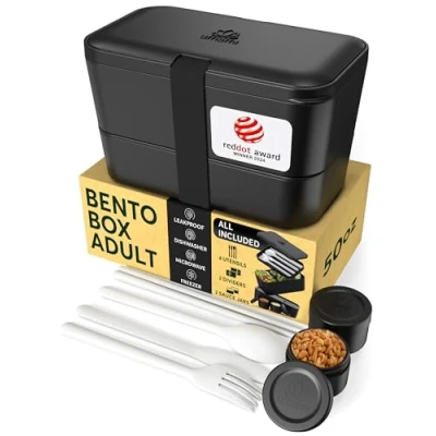 Afbeelding van Umami bento Lunchbox, nestbaar 1500 ml, alles in één, box volwassenen, maaltijdbereidingscontainers voor mannen/vrouwen, onyx zwart