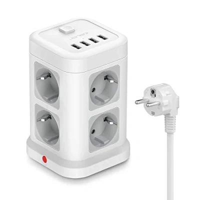 Afbeelding van JSVER 8 voudige Stekkerdoos USB, Meervoudige contactdoos Cube Stekkers en 4 USB (5 V / 4,8 A) met Schakelaar voor kantoor, thuis of onderweg 2 m kabel (Wit)