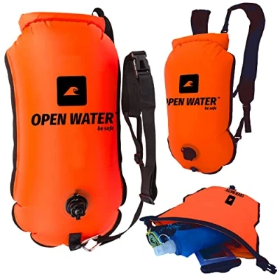 Afbeelding van OPENWATER opblaasbare boei om te zwemmen en rugzak 3in1 grote met een droge zak voor dingen 28L triatlonboei