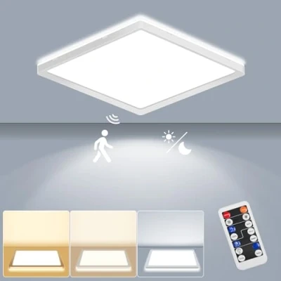 Afbeelding van LEZOE Led plafondlamp met bewegingsmelder, 18 W, 1800 lm, radar plafondlamp, dimbaar, warmwit/neutraal wit/koudwit, IP54, sensorlamp voor badkamer, garage, trap, kelder, hal, balkon, 22 x 2,5 cm