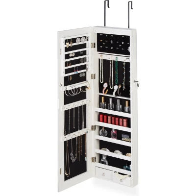 Afbeelding van sieradenkast spiegel led licht deur of wandmontage hangend 120x37x9,5 cm wit