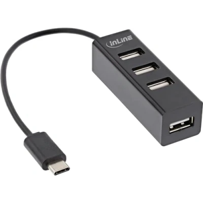 Afbeelding van InLine® USB 2.0 4 poorts hub, C stekker naar 4X A aansluiting, kabel 15 cm, smal ontwerp, zwart