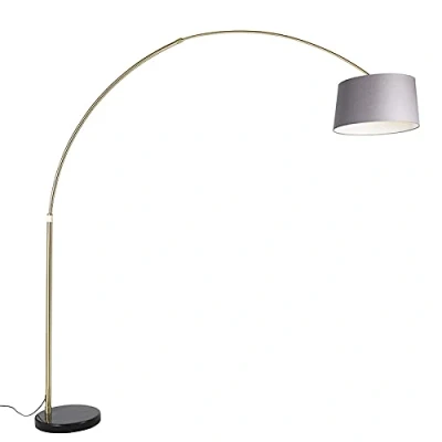 Afbeelding van QAZQA Booglamp messing met marmer en stoffen kap grijs 45 cm XXL