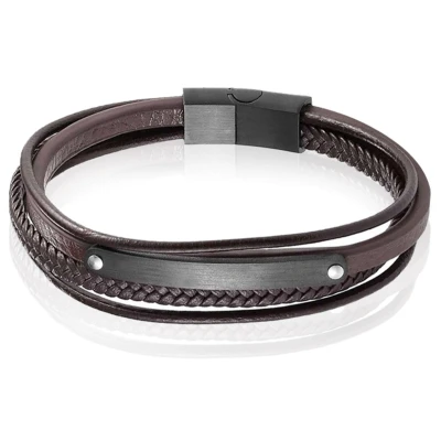 Afbeelding van Mendes Heren Armband Bruin Leer Edelstaal ID Graveerplaat Zwart 21cm